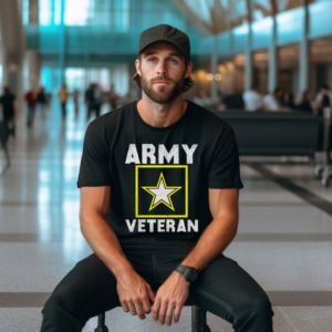 Black Army Veteran t-shirt featuring a distressed white and yellow Army Veteran logo with the classic military star inside a box.