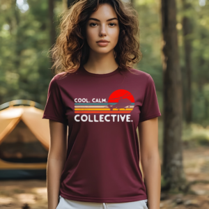 Maroon Retro Helicopter T-Shirt featuring a retro striped sunset, a military helicopter silhouette, and Cool Calm Collective text.
