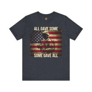 Heather navy t-shirt featuring a distressed American flag, a soldier silhouette, and the text All Gave Some T-Shirt.